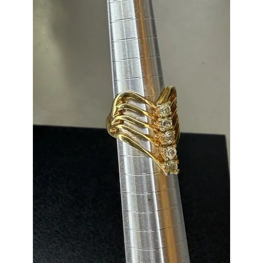 Vintage 14KT G.E. Electroplated CHEVRON RING Prong Set Crystal Ring Size 5